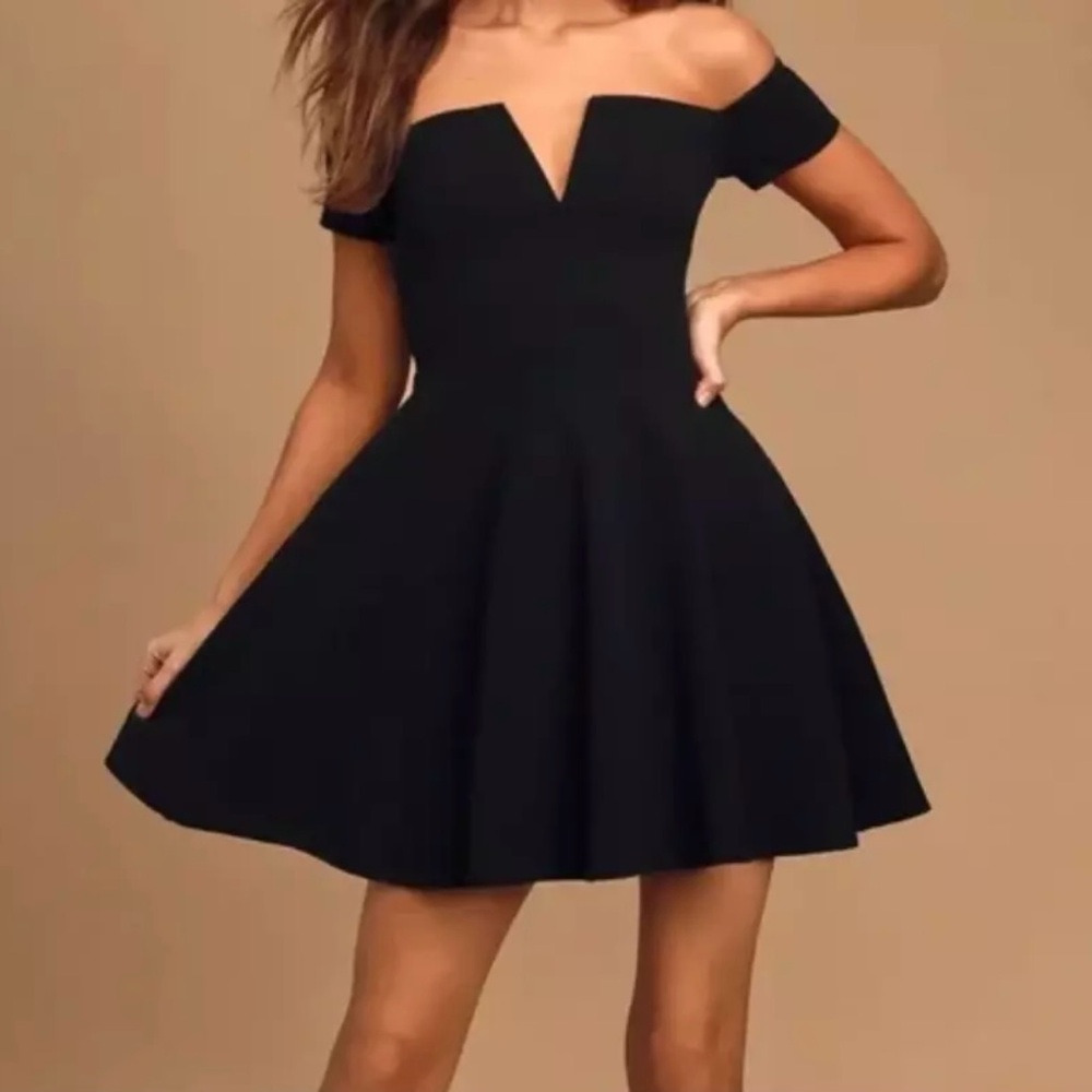 NEW Lulu's PLAY THE PARTY Black Skater Fit Flare Dress Off Shoulder M